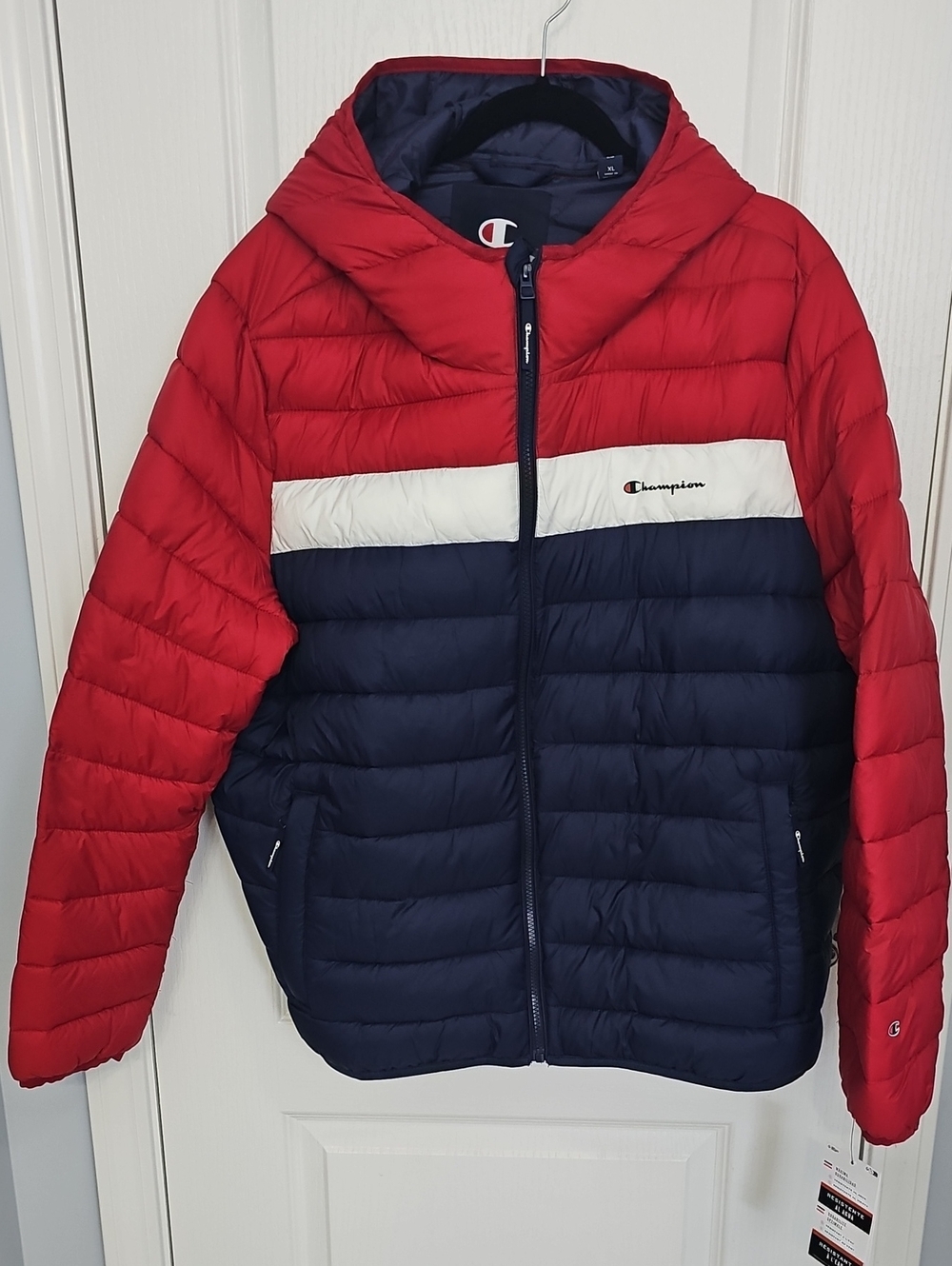 Champion Red/Navy/White Colorblock Puffer Jacket with Hood XL